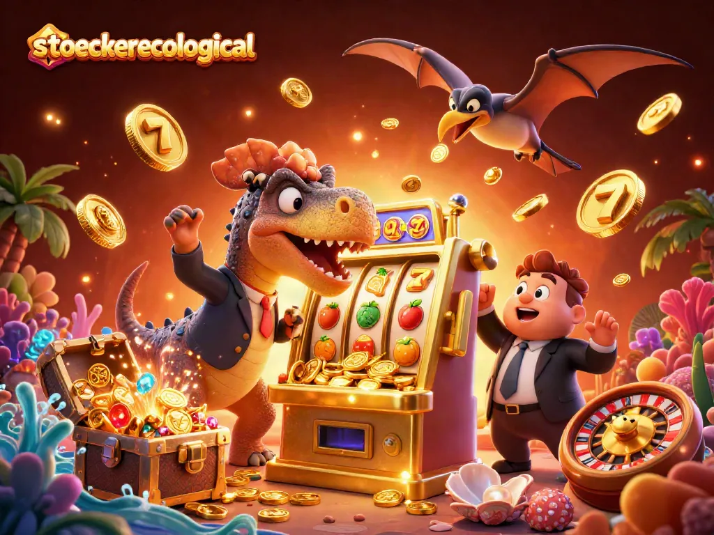 Experience stoeckerecological gaming excitement as characters celebrate winning jackpots at the casino.