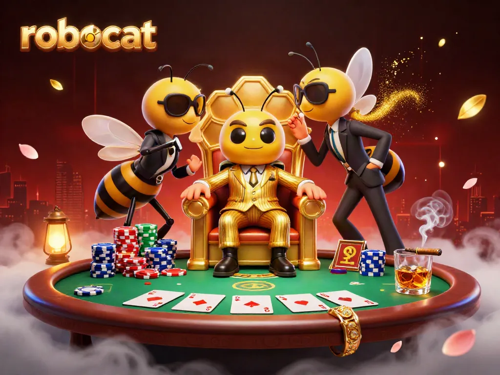 Engage with robocat strategies at a lavish online casino setting, showcasing thrilling poker action.