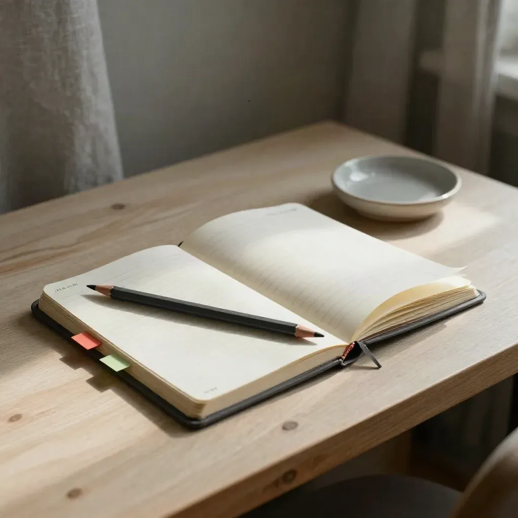 Cuaderno de trabajo abierto con tarjetas y lápiz sobre madera clara, en luz cálida.