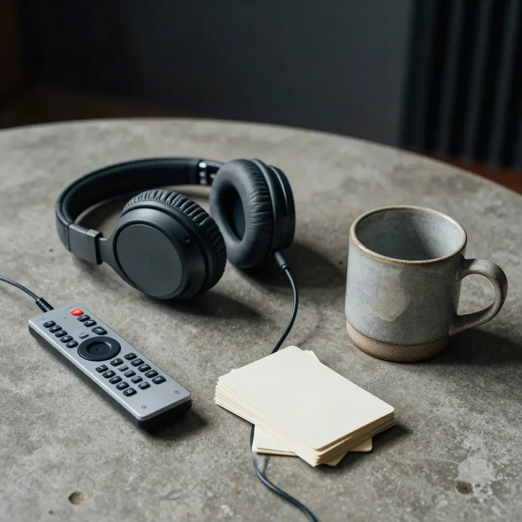 Auriculares, mando y tarjetas de cue sobre hormigón junto a una taza de piedra.