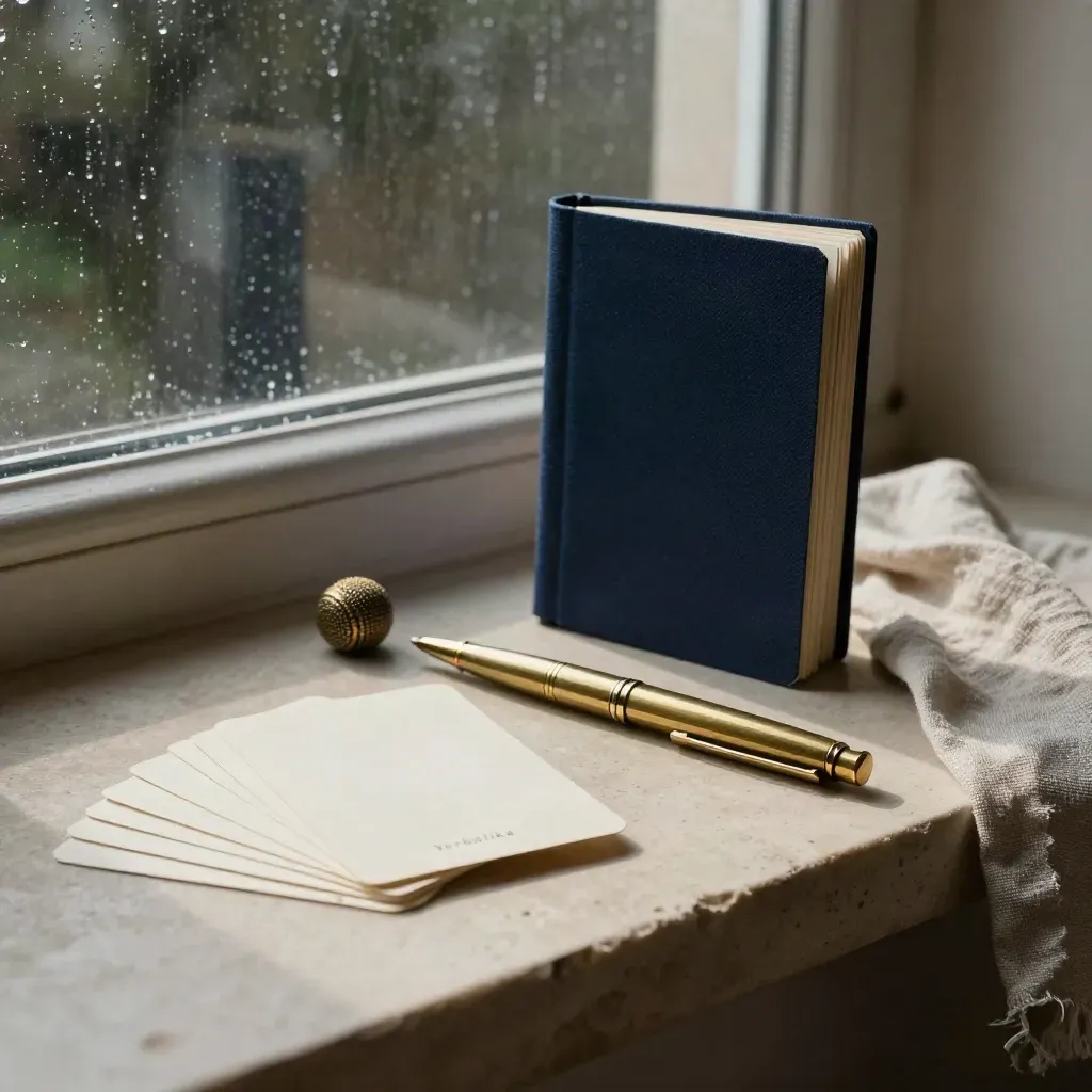 Cartas crema, guía azul marino y pluma de latón sobre piedra, con luz de lluvia y aire cinematográfico.