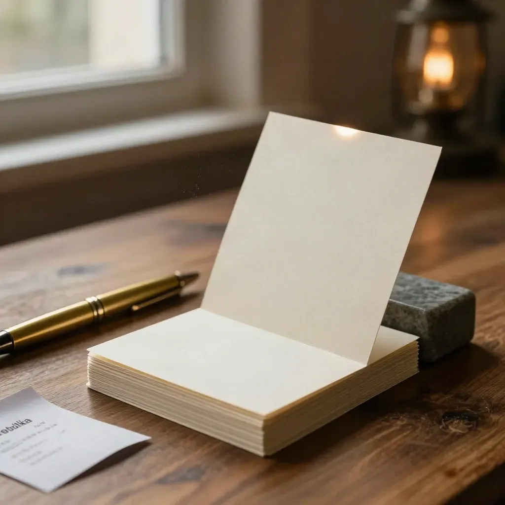 Tarjetas de copy crema, pluma de latón y recibo plegado sobre madera cálida con luz de tarde.