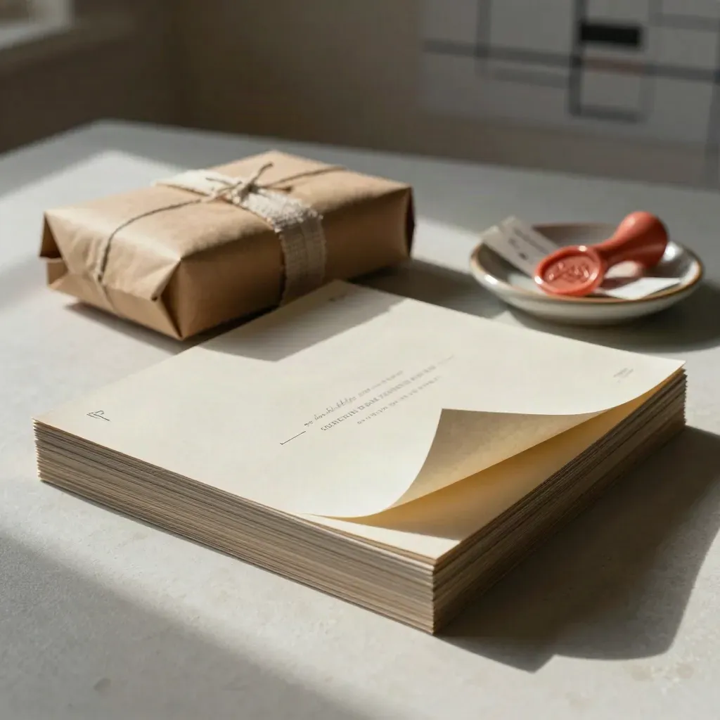 Mesa de lanzamiento con tarjetas superpuestas, paquete sellado y luz de mañana.