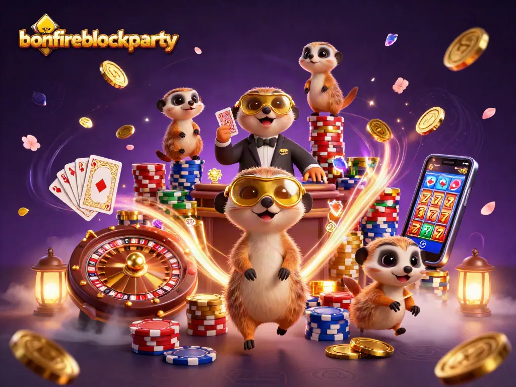 Experience the excitement of bonfireblockparty with meerkats operating a dynamic casino game setup.